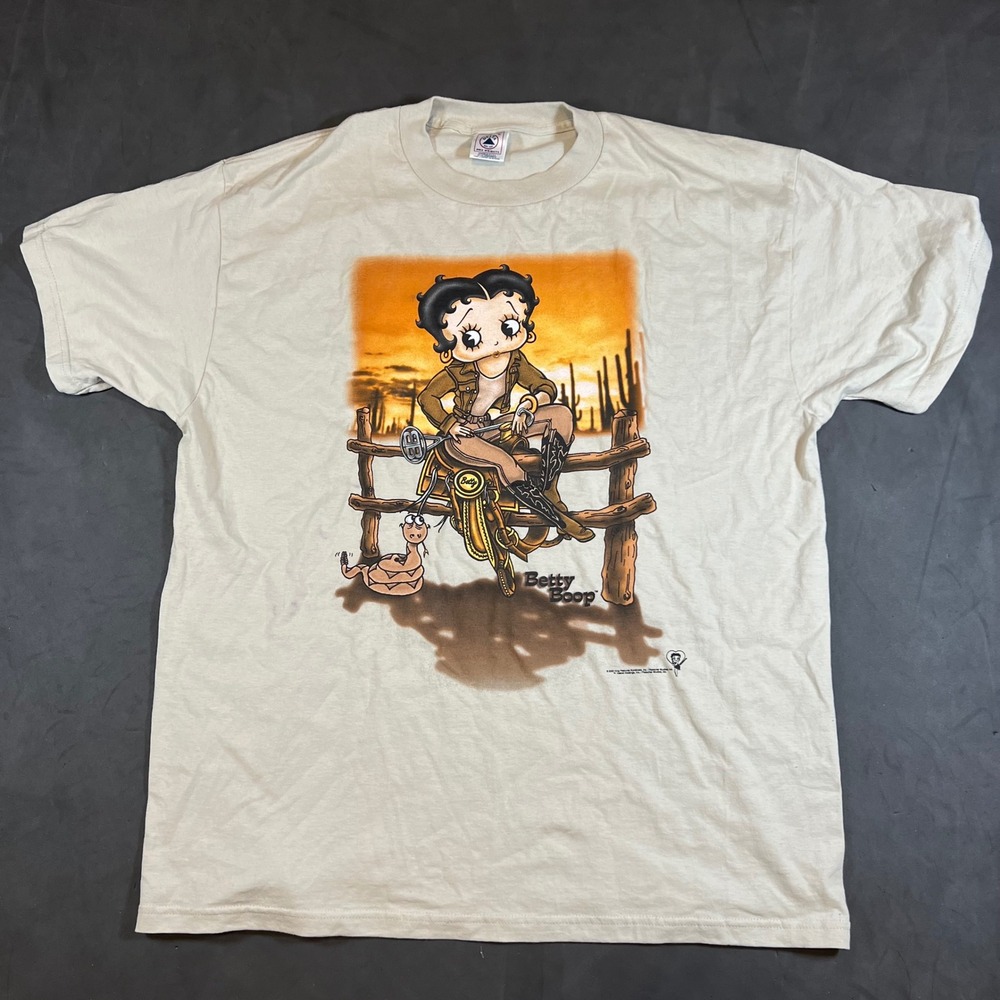 Vintage Betty Boop Cowgirl Western Graphic T-Shirt Mens XL Beige Y2K 90s